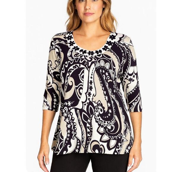 - August Silk Knits black & white top. Features black/white paisley print SZ L - Picture 1 of 9